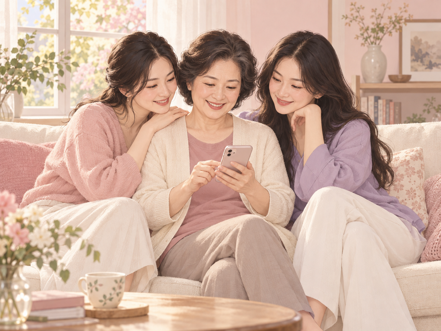 母亲与两位成年女儿在沙发上一起看手机，温馨分享日常